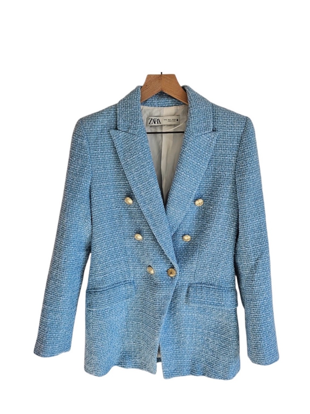 ZARA blogger favorite Sky Blue Tweed Double-Breasted Blazer with Gold Buttons S